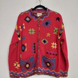 Coldwater Creek Red Southwest Aztec  Geometric Button Down Sweater Jacket Size L